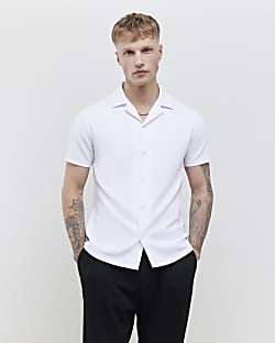 White Muscle Fit Ring Snap Shirt