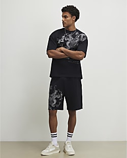 Black Regular Fit Embroidered Dragon Shorts