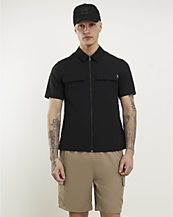 Black Muscle Fit Zip Shirt