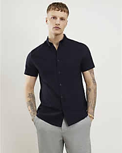Navy Muscle Fit Textured Shirt
