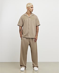 Khaki Wide Leg Twill Joggers