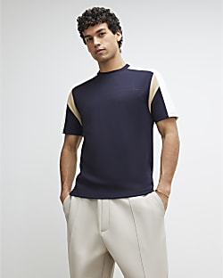 Navy Slim Fit Shoulder Colour Block T-Shirt