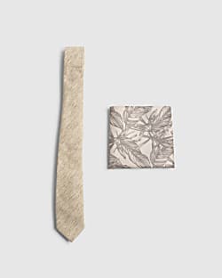 Beige Linen Look Tie And Handkerchief Set