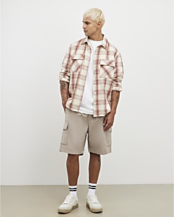 Beige Regular Fit Crosshatch Cargo Shorts