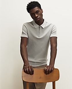 Grey Muscle Fit Ribbed Quarter Zip Polo Shirt