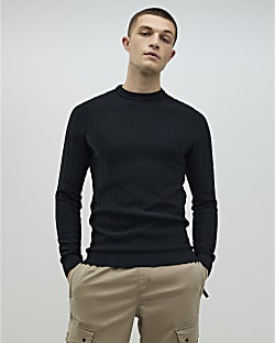 Black Muscle Fit Textured Jumper