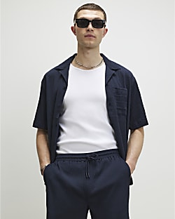 Navy Regular Fit Textured Shorts