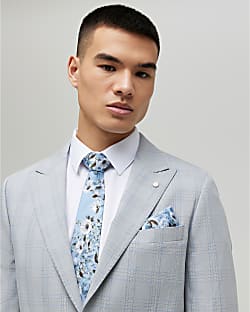 Blue Floral Tie and Handkerchief Set