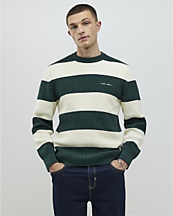 Green Slim Fit Waffle Knit Stripe Jumper