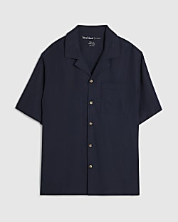 Navy Linen Blend Revere Collared Shirt