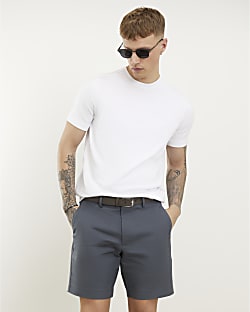 Grey Slim Fit Belted Chino Shorts