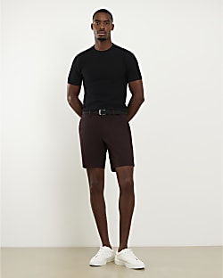 Brown Slim Fit Belted Chino Shorts