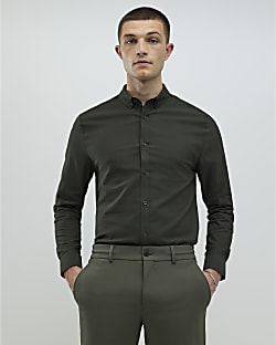 Khaki Long Sleeve Textured Muscle Fit Shirt