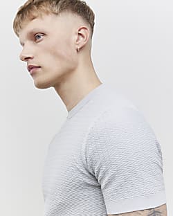 Grey Muscle Fit Zig Zag Texture T-Shirt
