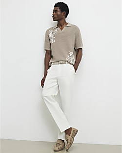 White Slim Fit Linen Blend Trousers