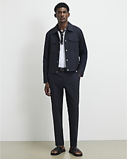 Navy Slim Fit Linen Blend Trousers