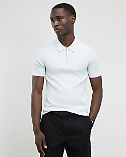 Blue Muscle Fit Ribbed Quarter Zip Polo Shirt