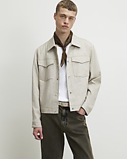 Beige Boxy Linen Blend Western Jacket
