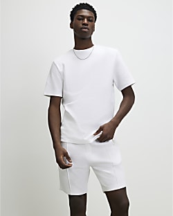 White Slim Fit Textured T-Shirt & Short Set