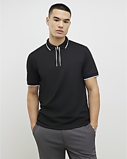 Black Slim Fit Textured Zip Tipped Polo Shirt