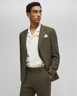 Khaki Slim Fit Linen Blend Suit Blazer Jacket