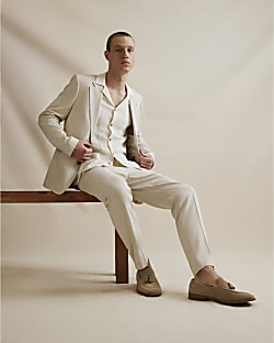Cream Slim Fit Linen Blend Suit Trousers