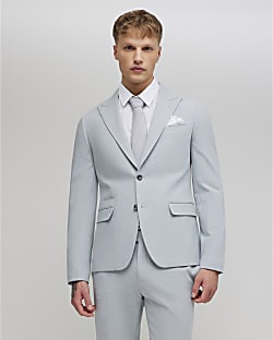 Blue Skinny Fit Micro Check Suit Jacket