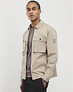 Beige Regular Fit Zipped Overshirt