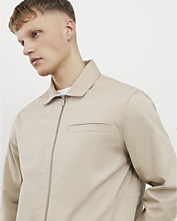 Beige Regular Fit Curved Hem Zip Overshirt