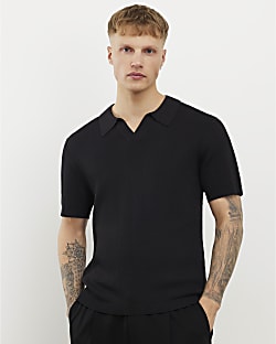 Black Slim Fit Knitted Open Collar Polo Shirt