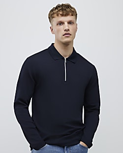 Navy Slim Fit Textured Zip Neck Polo Shirt