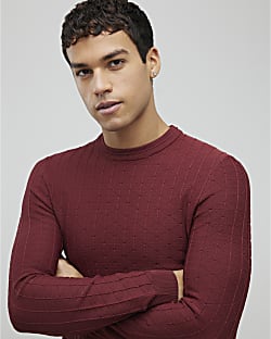 Red Muscle Fit Textured Jumper