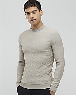 Beige Muscle Fit Textured Jumper