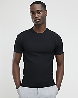 Black Muscle Fit Zig Zag Texture T-Shirt