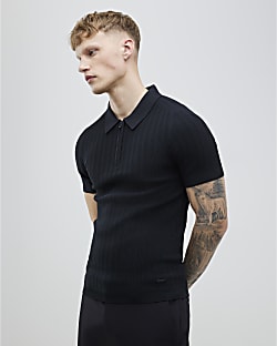 Black Muscle Fit Ribbed Polo Shirt
