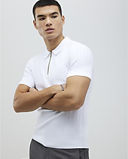 White Muscle Fit Ribbed Polo Shirt