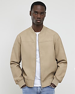Beige Faux Leather Bomber Jacket