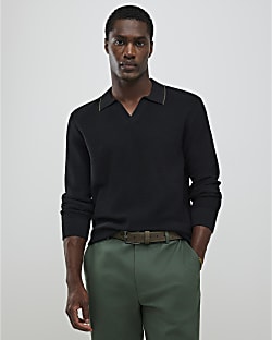 Black Regular Fit Open Collar Jumper