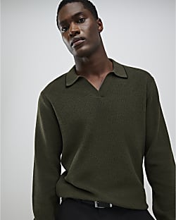 Khaki Regular Fit Open Collar Jumper