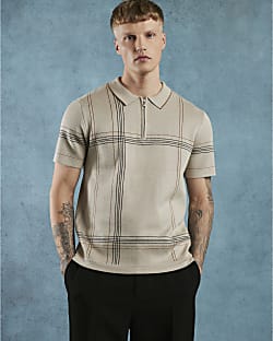 Cream Slim Fit Abstract Check Polo Shirt