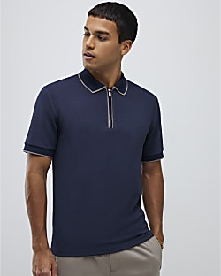 Navy Slim Fit Textured Zip Neck Polo Shirt