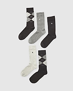 Grey Argyle Mix Pack Of 5 Socks