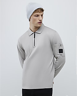 Grey Slim Fit Sleeve Pocket Zipped Polo Shirt