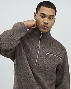 Brown Oversized Half Zip Fleece Sweatshirt