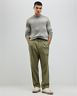 Khaki Twill Wide Leg Trousers