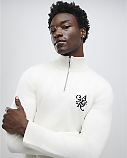 Ecru Regular Fit Boucle Half Zip Jumpers