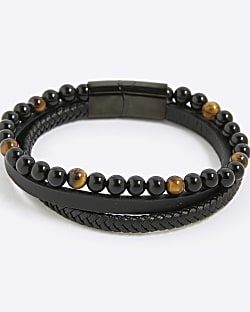 Black Leather Tigers Eye Bracelet