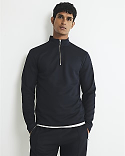 Navy Slim Fit Half Zip Funnel Sweatshirt