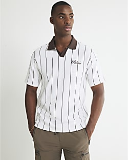 Brown Slim Fit Open Neck Pinstripe Polo Shirt