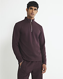 Red Slim Fit Pique Half Zip Funnel Sweatshirt